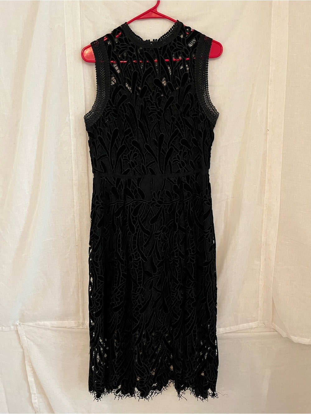 Shoshanna Black Sleeveless Lace Midi Dress with Scalloped Hem